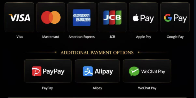 Payment methods overview: Visa, Mastercard, American Express, JCB, Apple Pay, Google Pay, PayPay, Alipay and WeChat Pay